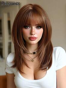 7JHH WIGS 女士焦橙色分层假发，18英寸优雅齐肩直发，带刘海，外观自然柔软，耐热蓬松，无胶合成纤维材质，适合日常佩戴，新手假发配件，母亲节礼物 - 亮橙色 - 查看 2