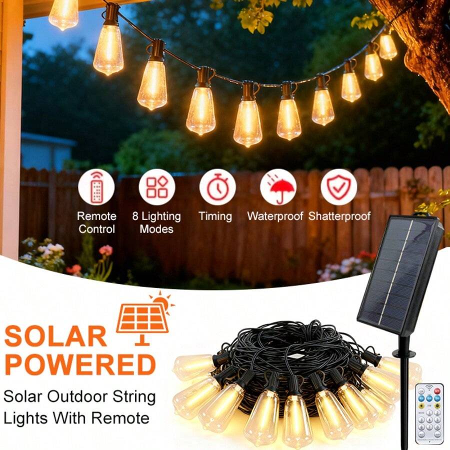 Solar Powered Dimmable Outdoor String Lights With Remote Control, 15 Waterproof Shatterproof ST38 LED Edison Bulbs, 4H/6H/8H Timer Patio Lights For Backyard Porch Garden Bistro Wedding Party Decor - 100英尺 - 查看 1