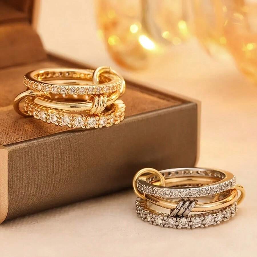 1 pieza Anillo apilable de aro de cobre con circonita, estilo casual de moda hip-hop, adecuado para uso diario, fiestas y vacaciones de mujeres