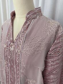 Đầm nữ cổ chữ V thêu sequin phối màu tương phản, tay dài dáng chữ A thanh lịch, phù hợp cho tiệc tùng, đám cưới, và mặc được quanh năm, màu hồng xuân. - Hồng - Xem 7