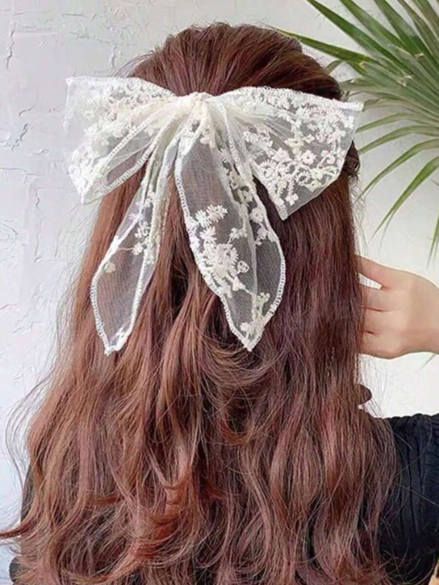 Kẹp tóc đuôi ngựa nơ trắng ren, phụ kiện tóc đơn giản cho bé gái, kiểu dáng thanh lịch. - Màu be - Xem 1