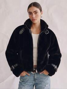 黑色仿毛皮长袖高领拉链外套，时尚优雅，适合日常穿着、派对、冬季、情人节等场合。 - 黑色 - 查看 1