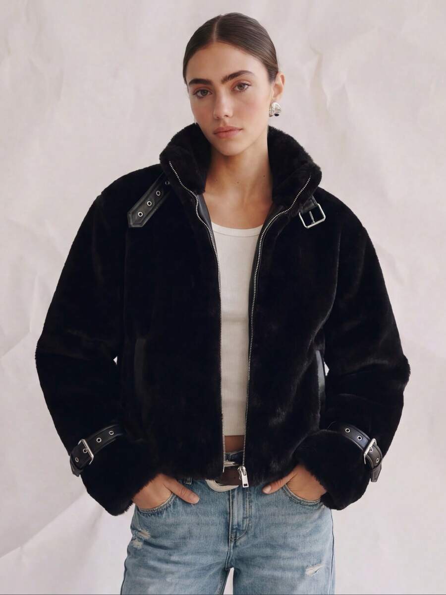 黑色仿毛皮长袖高领拉链外套，时尚优雅，适合日常穿着、派对、冬季、情人节等场合。 - 黑色 - 查看 1