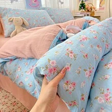 4件套亲肤可爱碎花床上用品套装（1个被套+2个枕套+1个床单，不含填充物），双面可用，柔软透气四季皆宜的云朵提花被套，适用于卧室、客房 - 淺藍色 - 查看 9