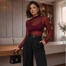 Women's Bodysuit With Transparent Tulle, Long Sleeves, High Neck, Elegant, Fashion Blogger Style - 瑪薩拉紅 - 查看 2