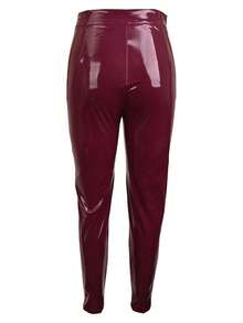 女士镜面效果金属拉链弹力面料高腰紧身裤PU裤修身Y2K春秋季休闲夜店派对装扮 - 酒紅色 - 查看 3