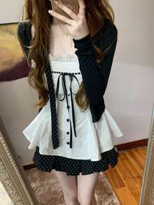 Áo hai dây nữ mới với viền ren và nơ chấm bi, thích hợp cho mùa xuân/hè. - trắng - Xem 10