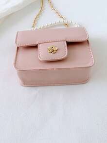 1个女童油性PU山茶花磁扣时尚珍珠手提包，配链条肩带，适合日常四季使用 - A - 查看 7