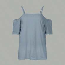1pc Colorblock Leopard Print Patchwork Knit Fabric Sleeveless T-Shirt, Suitable For Vacation & Beach In Summer Casual - Gray-blue - View 7