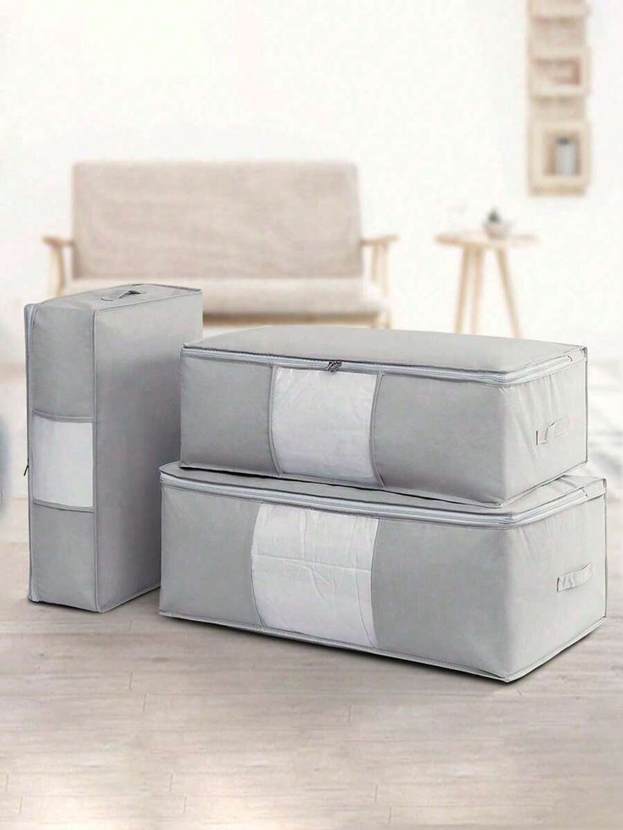 1pc Large Capacity Waterproof Moisture-Proof Quilt Clothes Storage Bag, Luggage Moving Packing Bag, Actor Organizer Storage Box, Vacation Essential, Men's Room Storage Container, Bedroom Storage Item - Grey - View 1
