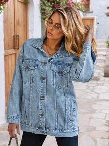Women's Loose Denim Jacket Summer Casual Non-Stretch Vintage Acid Wash Boyfriend Style Trucker Jacket With Pockets - Blue - View 6