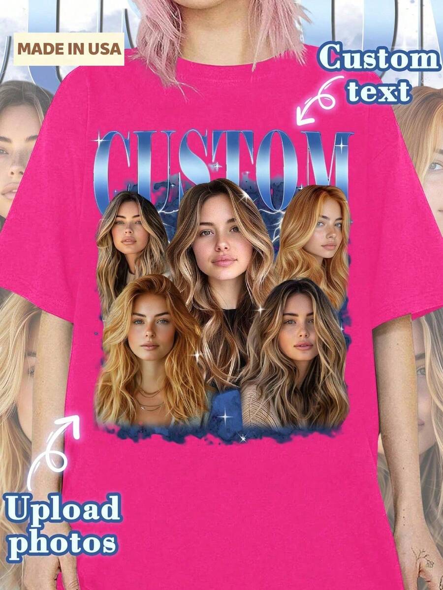 Customized Girlfriend Bootleg Rap T-Shirt, Customized Girlfriend Face Pattern, Customized Retro 90s Pattern, Women's Summer Clothing, Women's Summer Wear, Women's Vacation Outfit, Suitable For Back To School Season, Back To School, Oktoberfest, Saudi National Day, Halloween, Women's 4th Of July Outfit, Summer Wear, Vintage Style Women, Autumn Women's Clothing, Back To School, School Outfit, Start Of School Outfit, Graphic Short Sleeve T-Shirt, Valentine's Day Gift, Gift For Girlfriend/Wife, Valentine's Day Gift - Màu Hồng Tươi - Xem 1