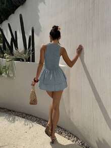 Vestido mini ajustado sin mangas a cuadros azules, estilo francés dulce para vacaciones, primavera/verano - Multicolor - Ver 2