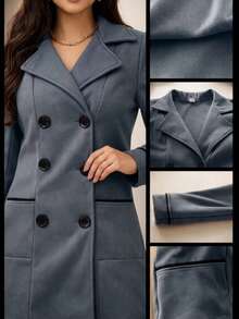 Fleece-Lined Sweatshirt Jacket, Fleece Overcoat, Winter And Autumn Fashion, Elegant Women's Fashion, Fold-Down Collar. - 灰色 - 查看 2