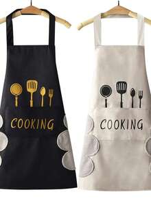 Waterproof And Oil Resistant Vinyl Kitchen Apron With Pockets-Perfect For Cooking,Baking,And Gardening,Restaurant Servers,Sleeveless,Hand Wiping,Kitchen Use - 黑與白 - 查看 12