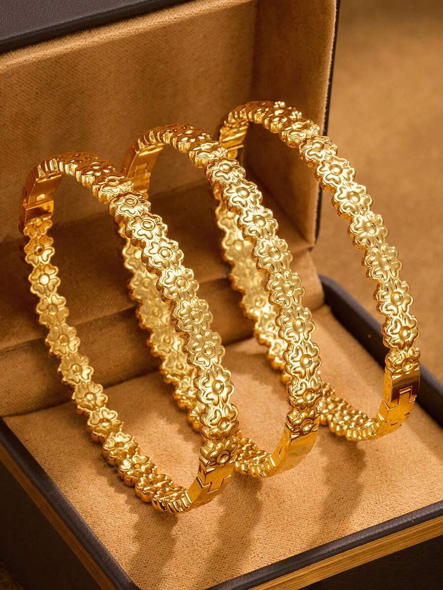 1/2/3 件装 时尚经典闪亮镀 24K 金不锈钢心形花瓣四叶草手链，直径 60 毫米，可打开，适合女士日常佩戴，不含包装盒 - 多色 - 查看 1