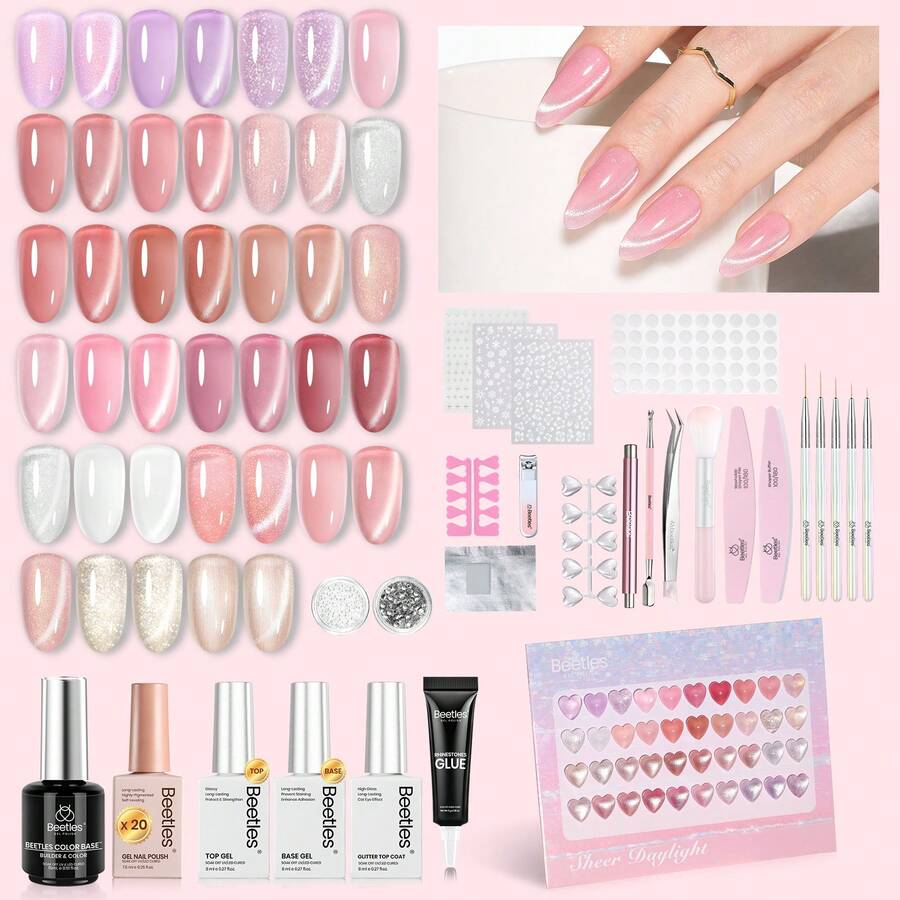 BEETLES 20 Colors 80 Pcs 5ML Jelly Gel Nail Polish Set , Milky Pink Nude Red Glitter Sheer Shades, UV LED Soak Off Nail Kit With Cat Eye Top Coat & Rubber Base, Salon Manicure Gift For Women Girls Teens - 80Pcs 20 Color Sheer Daylight - 查看 1