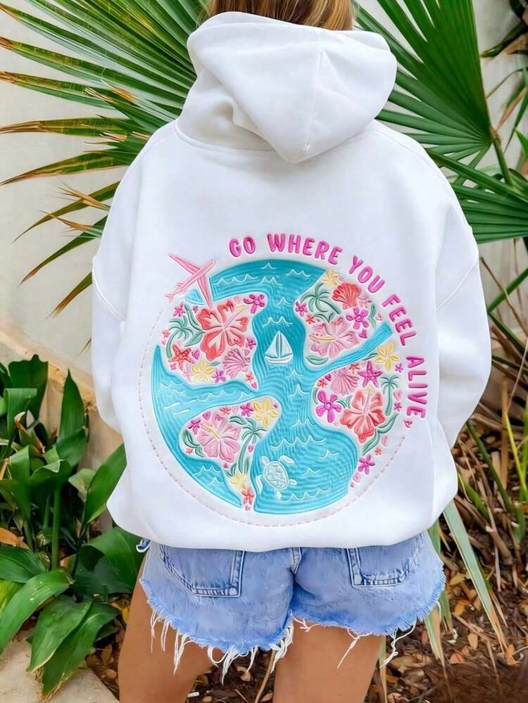 Women Y2K Graphic Embroidery Oversized Hoodie Teen Girls Preppy Long Sleeve Loose Fit Hooded Sweatshirt Pullover Top Spring Fall Winter Cute Hooded Sweater Casual Hoodies Hawaii Beach Coastal Tops StreetwearStreetwear - 白色 - 查看 3