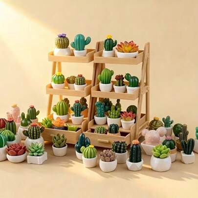 5 món đồ chơi thu nhỏ mô phỏng cây mọng nước cho nhà búp bê + giá đỡ cây - 4 cây mọng nước/xương rồng ngẫu nhiên + giá đỡ - Nhiều kiểu dáng cây mọng nước và xương rồng trang trí nhà búp bê