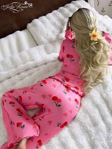 2件套女士休闲樱桃印花荷叶边长袖方领家居服套装，秋季 - 玫紅色 - 查看 6