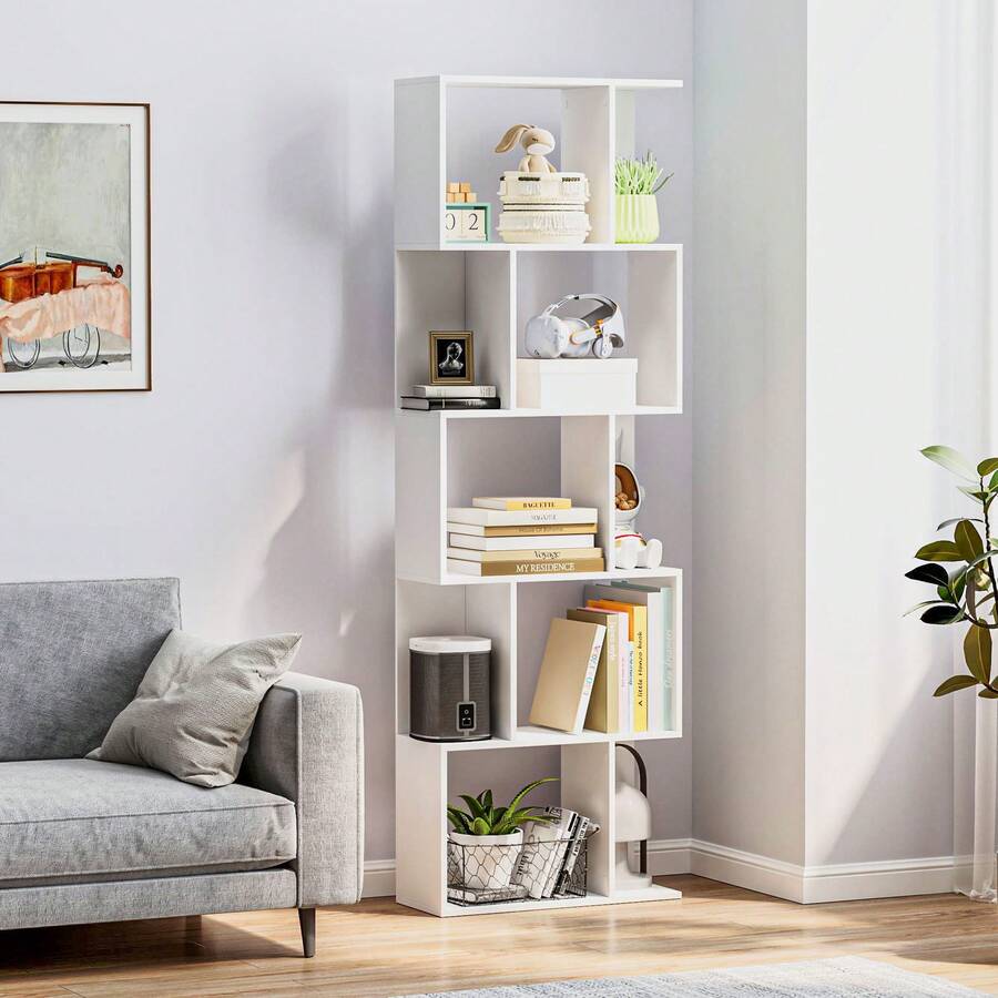 HOMCOM Librería de 5 Niveles, Estantería para Libros en Forma de S con 10 Estantes, para Sala de Estar, Dormitorio, Estudio, Oficina, 60x24x184,5 cm, Blanco - Blanco - Ver 1