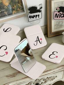 Foldable Portable Makeup Mirror With Black Art Letter Heart Pattern, White Mirror, With Stand, A-Z Letter Makeup Mirror, Travel Mirror, Beauty Product, Desktop Makeup Mirror, Rectangular Desktop Portable Makeup Mirror, Foldable Minimalist Makeup Mirror, Ideal Gift For Women, Mothers And Teachers - Multicolor - View 9