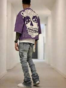 Y2KStyleDirectionalPrintingCottonT-ShirtSoftBreathablePureCottonFabricComfortableAndEnergeticSummerStreetStyleShortSleevedTShirgnRetroSummerWearTShirt - 紫色1 - 查看 2