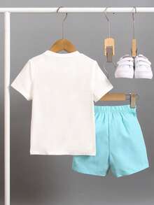 2pcs/Set Young Boys' Car Graphic Short Sleeve T-Shirt And Shorts Set, Suitable For Vacation, Travel, Relaxation, Sunbathing, Summer - Blue - View 2