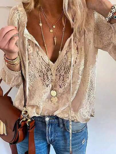 Loose Fit Lace Print & Solid Color Lace Blouse, Commuting Style, Spring/Summer