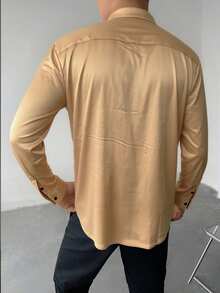 WAIT HIM Men's Satin Long Sleeve Shirt For Ball, Wedding - Gold - View 4