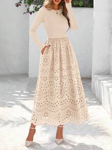 Women Casual Eyelet Long Sleeve Crewneck A-Line Boho Maxi Dresses Spring Autumn Hawaii Wedding Guest Holiday Vacation Long Dress Pockets Outfits - 米色 - 查看 1