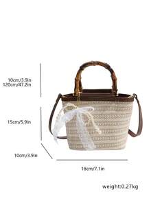 Túi du lịch mini, túi tote đan bằng rơm, túi đan dung tích lớn, túi đeo vai & xách tay kèm khăn choàng. - Màu be - Xem 7