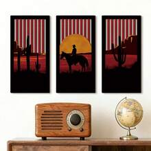 3 Stücke amerikanischer Country Western Cowboy Holz-Wanddekoration mit Durchbrüchen, vintage Kaktus Wanddekoration, Wohnausstattung, geeignet für Wohnzimmer, Schlafzimmer, Arbeitszimmer, Balkon, Badezimmer usw., amerikanische Country Vintage Kaktus Heimdekoration - Verschiedenfarbig - Übersicht 1