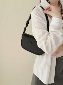 1pc Women's Solid Color PU Shoulder Crossbody Bag, Fashionable Retro Flap Bag Suitable For Holding Phone, Commuting, Shopping, Gift - Black - View 6