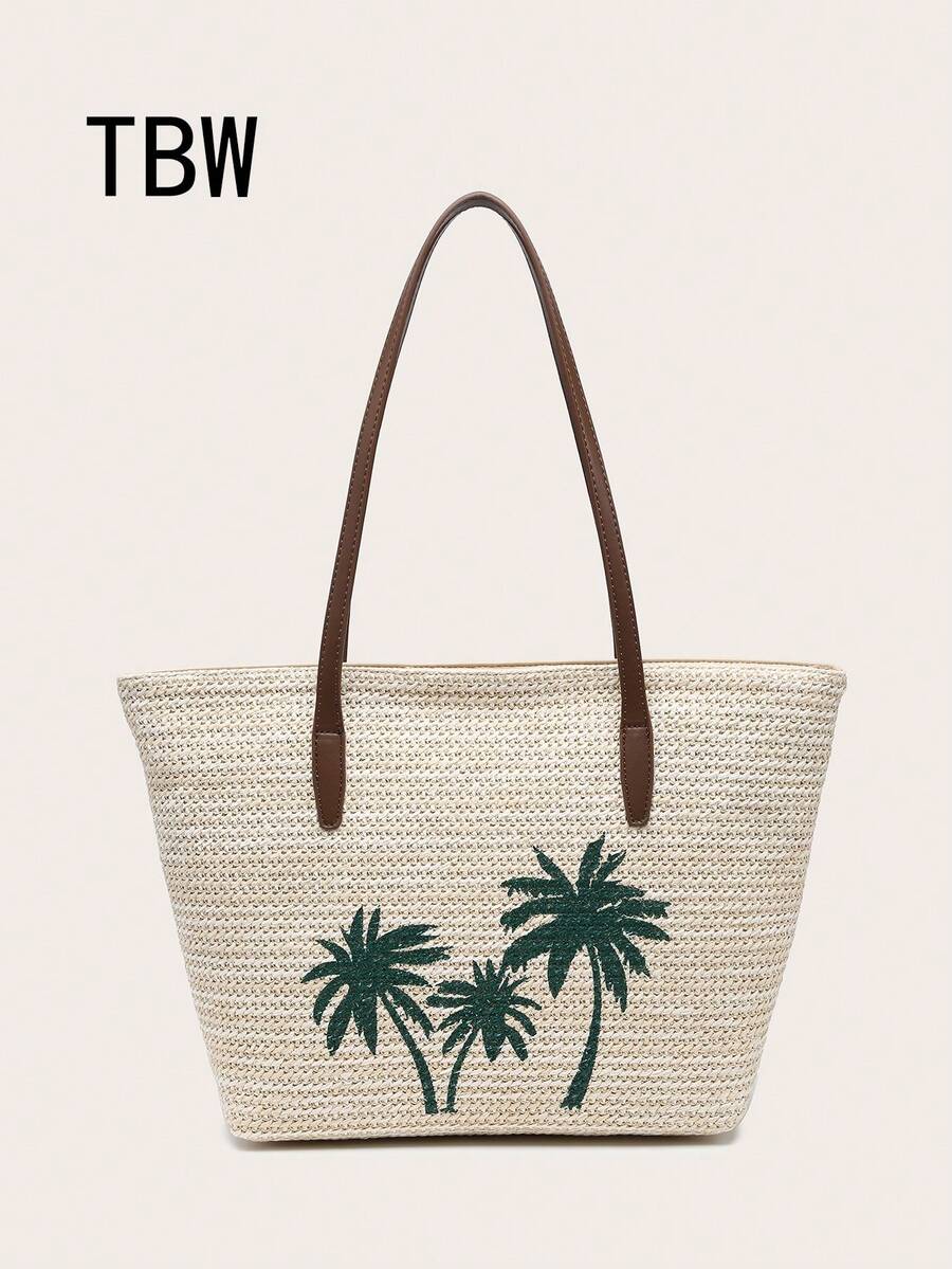 1 chiếc túi tote nữ bằng rơm, dung tích lớn, thích hợp đi làm và du lịch, họa tiết cây cọ, túi đi biển. - Màu be - Xem 1