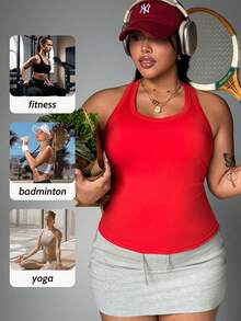 1pc Plus Size Women's Sports Tank Top, 2-In-1 Built-In Cup Racerback Tank Top, Slimming Workout Tank Top For Women - Red - View 5