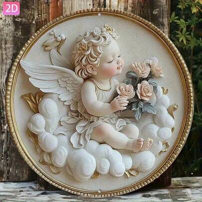2D Flat Style, 1pc Vintage Angel Wall Decor Plaque | Suitable For Garden, Kitchen, Bar, Room, Bedroom, Outdoor, Road, Garage, Club, Cafe, Restaurant, Festival, Art Wall Decor, 7.87x7.87 Inches, Room Decoration, 2D Flat Style (Random Hole Position)