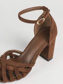 Women's New Vintage Brown Block Heel Sandals, Retro Woven Vamp, Stable Chunky Heel + Comfortable Fit - Brown - View 8