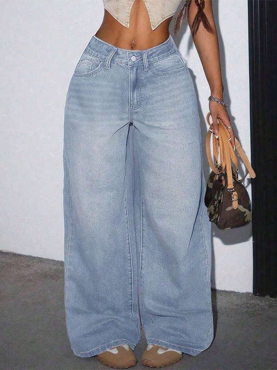Women's Casual Loose Wide Leg Jeans With Pockets, Suitable For Daily Wear Spring - Deep Nostalgia - View 1