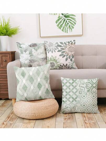 Bộ 4 vỏ gối trang trí họa tiết hoa thược dược màu xám xanh và trắng, vỏ gối ngoài trời họa tiết hoa hình học hiện đại cho ghế sofa và giường.