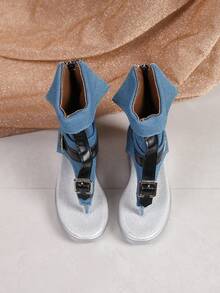 1 đôi sandal đế xuồng kiểu retro cho bé gái, thiết kế khóa kéo, thời trang cá tính. - Màu xanh lam - Xem 4