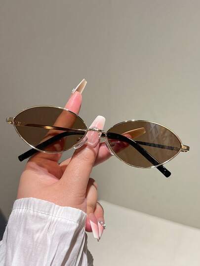 1 件装女士新款椭圆形时尚眼镜，金属镜框，纯色镜片，简约设计，女士装饰眼镜，优雅风格，金属镜腿，复古造型，女士时尚配饰