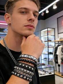 Xiacheng 1/6PCS Punk Style Jewelry Set With 1 Necklace, 4 Leather Studded Bracelets, 1 Pants Chain For Men Women, Gothic Rocker Grunge Accessories, 80s 90s Outfits - Black - View 5