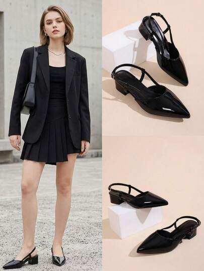 一双黑色尖头粗跟凉鞋，适合青少年女孩，采用亮面材质，交叉金属扣装饰，单带后跟设计，3厘米厚鞋跟，适合派对、购物、旅行和夏季穿着。