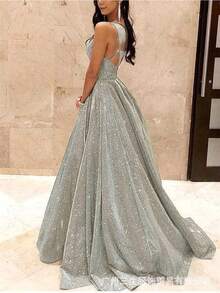 Glamorous Glitter Backless A-Line Ball Gown, Sparkly Cross Strap Sleeveless Maxi Dress For Prom & Gala Dress For Wedding Guest - Silver - View 3