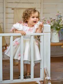 Vestido de princesa con tirantes de espagueti, mangas con volantes y lazo para niñas, adecuado para fiesta de cumpleaños, dama de honor, boda, baile de graduación, celebración festiva - Blanco - Ver 2