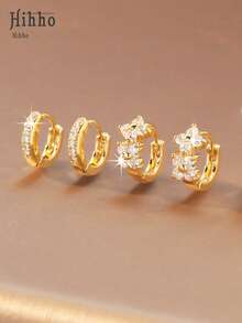 Hihho 2 Sets Of Exquisite And Unique Shiny Earring Sets, Featuring Various Designs Such As Plain Hoops, Butterflies, Flower Clusters, And Chains. Versatile Jewelry Earrings Suitable For Daily Commute Or Vacation - Yellow Gold - View 3