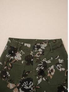Vintage Floral Print Square Patch Pocket High Waist Wide-Leg Jeans - Green - View 5