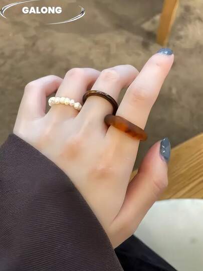INS Style Blogger Same Pearl Beaded Ring, Tortoiseshell Resin Open Ring, Multi-Layer Stacking High-End Design Women Ring