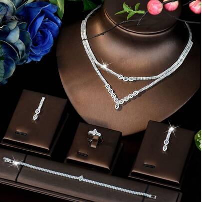 Bộ trang sức gồm 1 dây chuyền hình chữ Y đính đá Cubic Zirconia màu bạc, kiểu dáng thanh lịch và lấp lánh, thích hợp cho phụ nữ đi du lịch cuối tuần và dự tiệc tối.